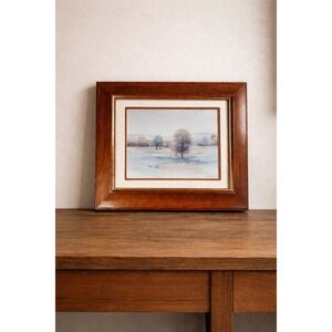 Vintage Framed Winter Landscape Print Signed, Rustic Wood Frame 14x13